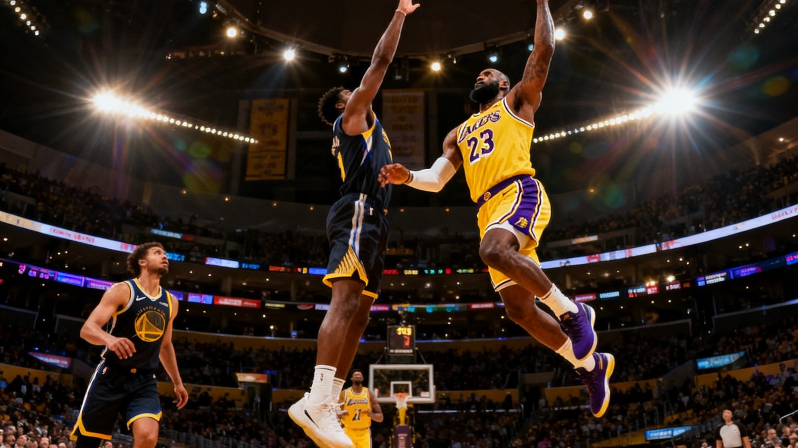NBA常规赛湖人队对阵勇士队的精彩集锦封面，詹姆斯在快攻中单手劈扣，防守球员奋力起跳封盖，球馆内灯光璀璨